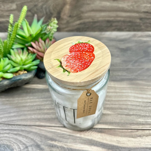 NIB RAE DUNN Large Glass Jar w 60 Cotton Balls Sweet Strawberries Lidded Storage - Picture 2 of 7